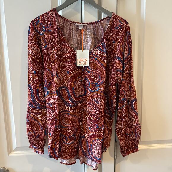 KNOX ROSE -NWT- Long Sleeve Tunic Top Red Paisley Peasant Boho Blouse | M - Picture 1 of 11